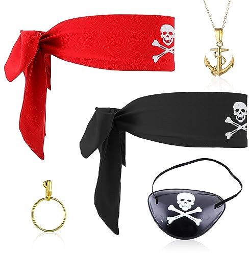 SKHAOVS 5 Stück Piraten Kostüm Zubehör Set, Vintage Accessoires, Augenklappen, Bandana, Kopftuch, Kapitän Dress Up Set für Halloween Deko Piratenparty