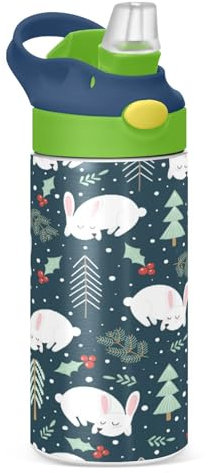 KAAVIYO Bunny Rabbit Cute Water Bottle Stainless Steel Insulated Vacuum Flask Leak Proof with Straw Brush Cup 350ML for Boys Girls Kids