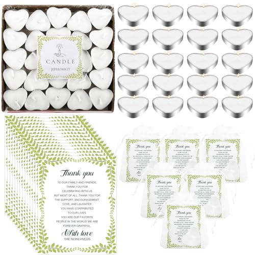 JEFHOMKIT 100 Set Wedding Favors - Heart Shaped Tealight Candles and Thank You Cards with Organza Bags
