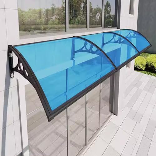 Blaue Fenstermarkise oder Haustürvordach, 60/80/100/120/150 cm Terrassen-Veranda-Markise, Moderne Polycarbonat-Abdeckung, gewölbter Sonnenschutz, UV-Regen- und Schneeschutzfolie, mit schwarz