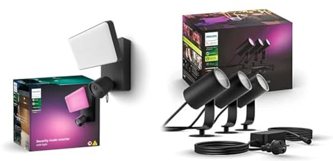 Philips Hue Secure Outdoor Flutlicht mit integrierter 1080p Smart Home Sicherheitskamera & White & Color Ambiance Lily Gartenstrahler 3-er Pack (1.770 lm)