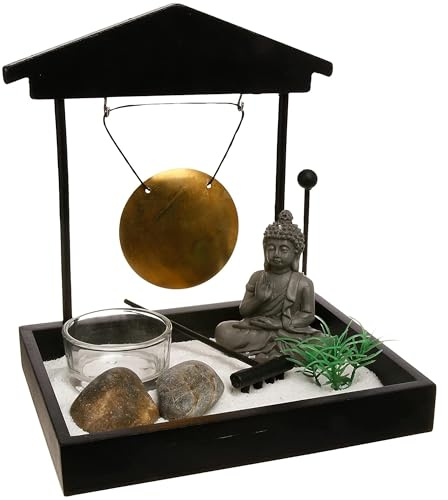 Jardín Zen Estilo japonés Decorativo: Incluye Figura, Piedras, portas Velas, Gong, rastrillo y Arena, en Color Negro, 16,5 Alto x 15 x 12 cms.