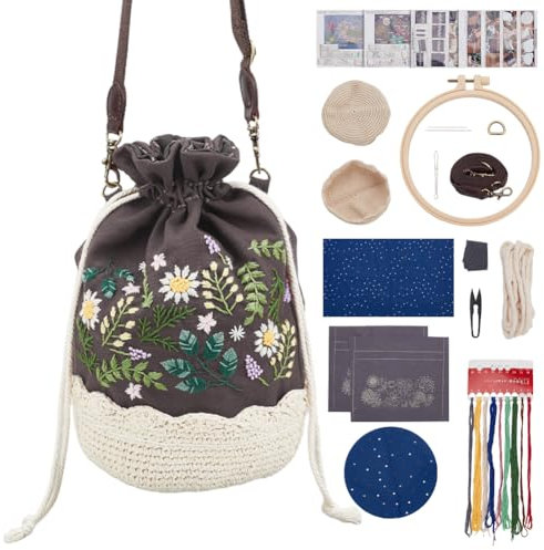 FREEBLOSS Stickset Für Eimertasche Stickset Im Blumenstil Mit Anleitung Handgefertigte Eimertasche Aus Baumwolle Stick Starter Set Für Anfänger Und Erwachsene