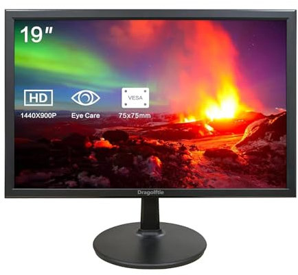 Dragolftie 19 Inch PC Desktop Monitor 1440x900, Dual Built-in Speakers, 60Hz, 5ms, Computer Display Low-Blue Light LED Monitors, HDMI, VGA, VESA Mountable Business Screen, Black