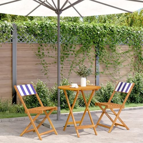 Gartenmöbel-Set, 3-teilig, Bistro-Set, blauer und weißer Stoff und Massivholz