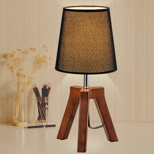 Dreamholder Wood Bedside Table Lamp, Tripod Desk Lamp with On-Off Switch, Nightstand Lamp with Fabric Shade for Reading, Bedroom, Living Room, Office, Walnut Base with Black Shade