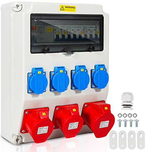 Herrselsam Wandverteiler mit Leitungsschutzschalter und FI,5 Polig Baustromverteiler mit 4xSchuko-Steckdose und CEE-Steckdose 16/32A 230V Stromverteiler IP44 für Innen und Außen