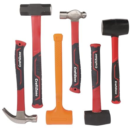 6-Piece Rubber Mallet Hammer Set with 2lb Dead Blow - 3lb Sledge & Stoning - 16oz Ball Peen Claw Hammers | Anti-Vibration Fiberglass Handles for Construction Metalworking Automotive & DIY Projects