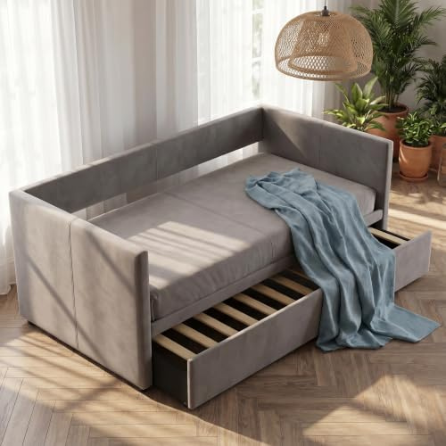 Julyue Ausziehbares Schlafcouch 90/180 x 200 cm, Polsterbett Samt mit Lattenrost, Tagesbett Multifunktionsbett Gästebett, Couch Bett 2 Sitzer für Wohnzimmer, Kinderzimmer, Ohne Matratze(Hellgrau)