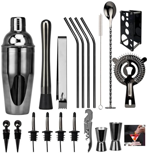 RLVYTA Cocteleras 20 Piezas coctelera Boston Negra/Oro Rosa/Plata, Juego de coctelera, Herramientas de Bar, Soporte para Receta de cóctel Accesorios para Barra(Black2)