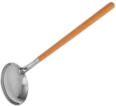 HEALEEP Stainless Steel Soup Ladle Long Wood Handle, Japanese Water Ladle Kitchen Serving Spoon for Soup, Sauces, and Gravy, 304 Stainless Steel Cooking Scoop for Home and Restaurant Use