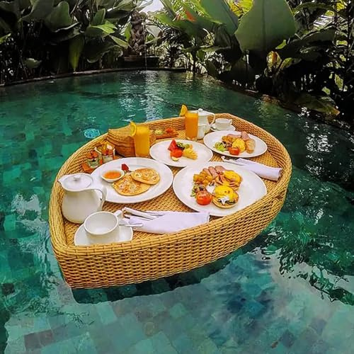 RUHEN Drink Floaties Tray Multifunction Breakfast Tray on The Water Creative Leaf Type Rattan Woven Hot Tub Side Table for Drinks,Snacks,and Essentials