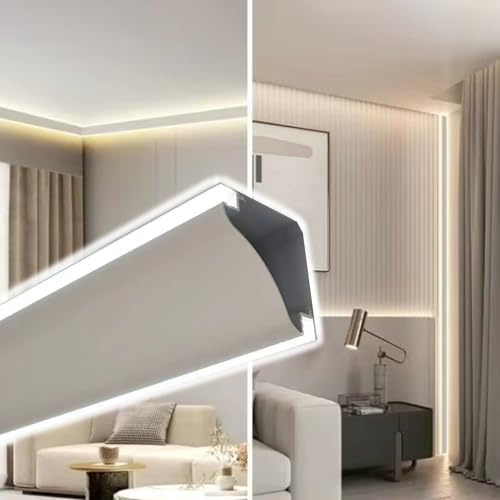 Generico Battiscopa Decorativo a LED con Illuminazione indiretta e diffusore a Striscia LED in Alluminio - 2,5 m/8,2 Piedi - Ideale per Home Theater - Canale LED per Modanatura a Corona da soffitto/p
