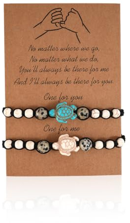 BCHKO 2 Stück Versprechen Freundschaft handgemachte Bedeutung Distanz Match Armband Geschenk für beste Freundin Paar Liebhaber Mädchen, verstellbares Seilarmband mit 1 Wunschkarte (Schildkröte)