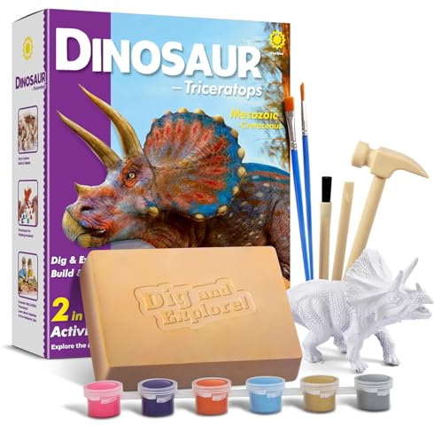 EGGBOX Kit di scavo di scheletro di dinosauro per bambini, set 2 in 1 di scavo e pittura di Teratops, giocattolo di dinosauro per bambini, esperimenti di paleontologia e fossili