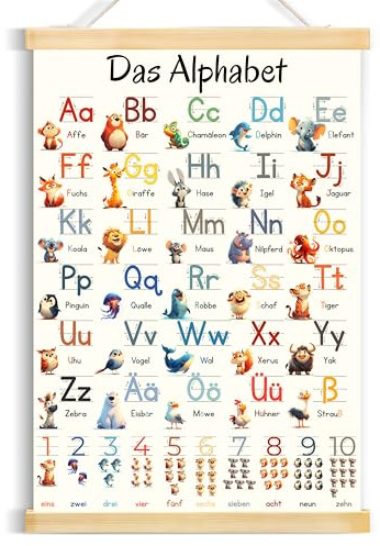 Yezirzax ABC Poster 31x44 cm für Kinder - Alphabet und Zahlen Lernen für Kinderzimmer, Kindergarten, Vorschule, Grundschule - Buchstaben Grundschrift Geschenk
