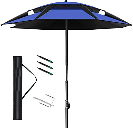 DLAZUM Angelschirm, Sonnenschutz, Winddicht, Sonnenschutz, Belüftungsschirme, 360 ° Drehung, Wasserdichter Regenschirm, Mit Neigung, Terrasse, Strand, Rasen & Garten, Sonnenschu,Blue-2.2M