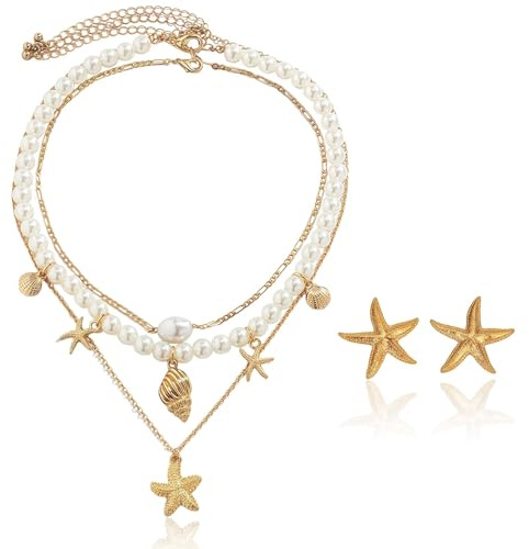 2 Stück Muschelkette Damen Set, Sommer Schmuck Damen Muschel Kette Muschel Schmuck Muschel Ohrringe Muschelschmuck Strand Accessoires Kette Boho Seestern Anhänger Halskette Und Ohrringe Schmuckset