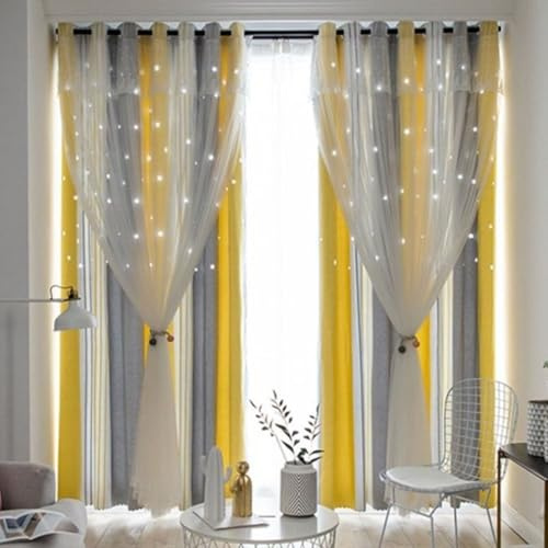 Wycian Fertiggardinen Gardinen 2er Set Grau Gelb Verdunkelung Spleißen Von Volltonfarben H160 x B102 cm (2er Pack) Polyester