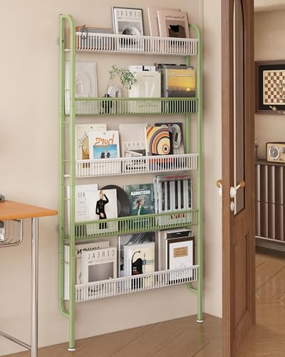 UMDONX Bücherregal gegen Wand, schmales 5 etagiges Metall Bücherregal, Leiterregal, multifunktional für Enge Räume, Grün mit Weiß（82 x 9 x 160cm）
