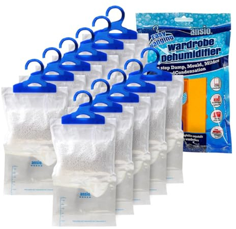 ANSIO Hanging Interior Wardrobe Dehumidifier Bags Pack of 24 | Trap, Condensation, Dehumidifiers for Damp, Mould, Bedroom, Caravan, Bathroom, Basement, Office – 210g Each