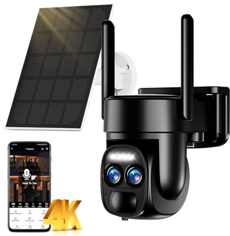 Abiso 4K Camera Surveillance WiFi Exterieure sans Fil avec Double Objectif/Solaire Caméra/Batterie,Suivi Automatique,2.4/5G WiFi,Nocturne Couleur,Sirène,Audio Bidirectionnel,PIR&Détection,360°PTZ,8MP