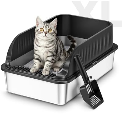 Lettiera Gatto Acciaio Inox, Lettiera per Gatti con Paletta, Semi-Chiusa Toilette per Gatti Grande XXL, Sabbiera Alta Rimovibili, Antiodore, Facile da Pulire, Antiaderente e Spaziosa, Nero