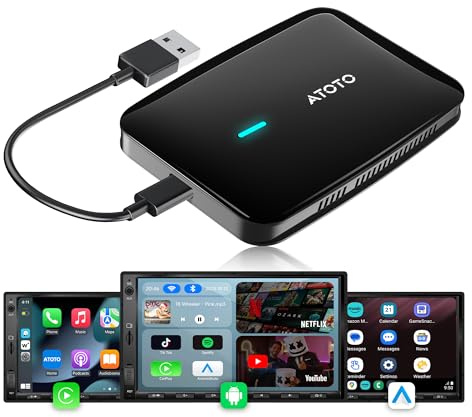 MYATOTO Adattatore Android Auto Wireless CarPlay, AI Box CarPlay 2GB+16GB per auto con CarPlay cablato, app video integrate (YouTube/Netflix), DriveChat AI, Dual-WiFi y Bluetooth, cavo a Y, CB4A