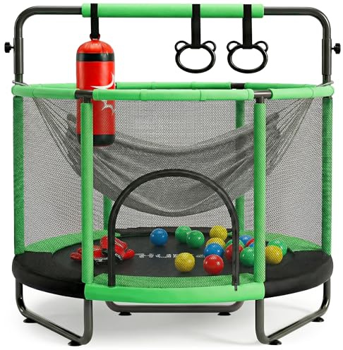 Hurtle Trampolino Elastico per Bambini 140 cm con Rete di Sicurezza, Trampolino da Interno/Esterno con Altalena, Sacco da Boxe, Anelli e 20 Palline per Giochi Bambini, Verde