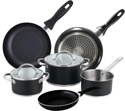 Batería de cocina 5 piezas: Ø16 Ø20 y Ø24 cm en acero inoxidable con tapas + Juego de sartenes Ø16 Ø20 Ø24 aluminio prensado, inducción