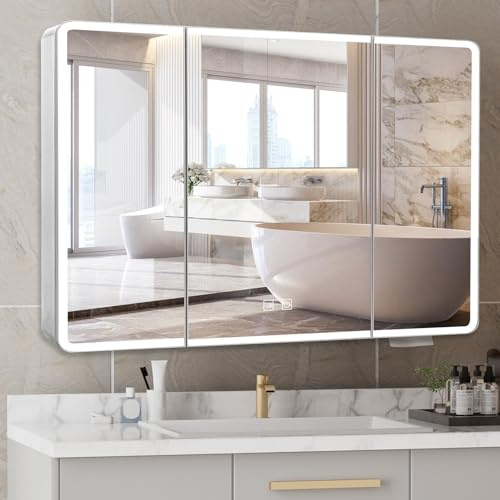 Saimeihome Spiegelschrank Bad mit LED-Beleuchtung dimmbare, 100x13x70cm Bad Spiegelschrank Antibeschlag Badspiegelschrank mit 3 Türen & 8 Ablagefächern, Touch-Control, Weiß + Sandweiß