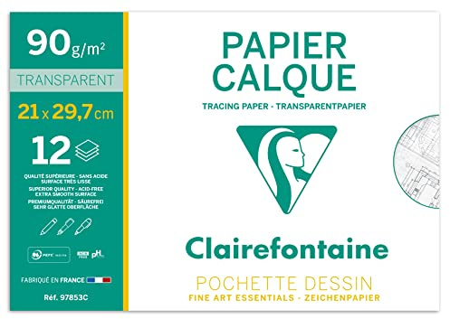Clairefontaine 97853C - Pochette per Disegno scolastico - 12 Fogli Carta da lucido altamente trasparente - A4 21x29,7 cm 90/95g - Ideale per il Disegno tecnico