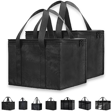 NZ hem isolerad kylväska (23 L, medium, 2-pack) för matleverans och livsmedel shopping med dragkedja topp, svart