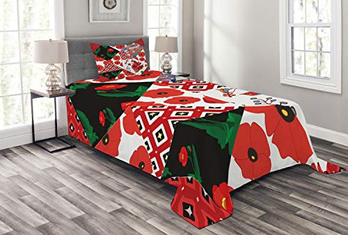 ABAKUHAUS Retro Tagesdecke Set, Slavic Patchwork Poppy, Set mit Kissenbezug luftdurchlässig, für Einzelbetten 170 x 220 cm, Multicolor
