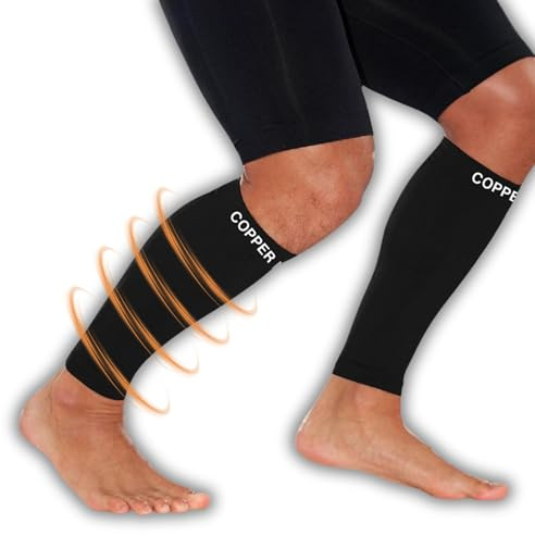 COPPER HEAL Calf Copper Compression Sleeves (Pair) Sport Muscle Strains Shin Splints Leg Socks Guard Running Marathon Soccer Rugby Tennis Golf Maternity Flight Gym Work