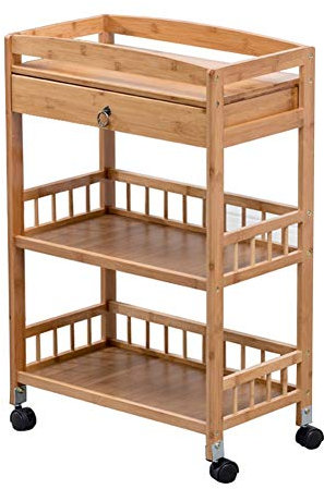 Mesa Carrito Camarera Carro De Servicio Bambú 3 Niveles Rack Organizador con Cajón Móvil Ruedita Bloqueable Barandillas De Guardia, Capacidad 60 Kg (Color : Orange)