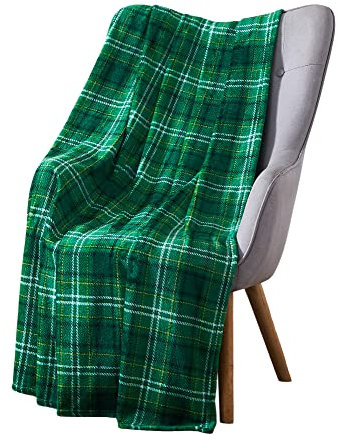 Spring Green Plaid Soft Celtic Fleece Throw Blanket: Green Irish Traditional Velvety Plaid Tartan