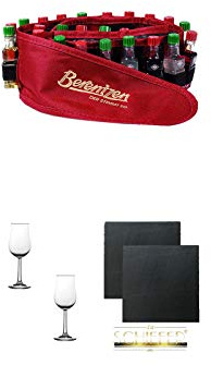 Berentzen Minis 24er Gürtel 24 x 0,02 Liter + Nosing Gläser Kelchglas Bugatti mit Eichstrich 2cl und 4cl - 2 Stück + Schiefer Glasuntersetzer eckig ca. 9,5 cm Ø 2 Stück