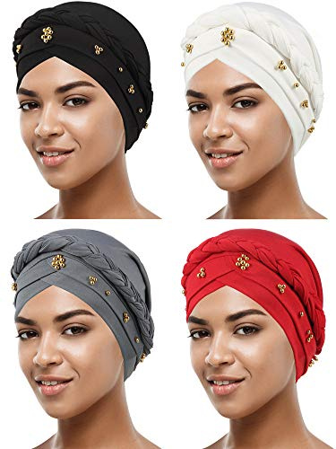 SATINIOR 4 Pieces Turban for Black Women African Cap Head Wraps Beaded Headscarf Beanie Wrap(Black, Grey, White, Red,Bead Style)