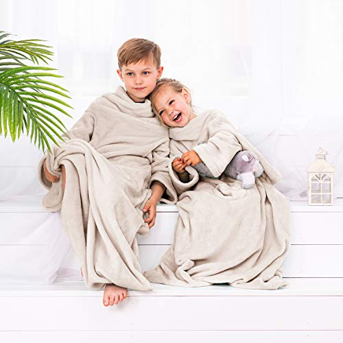 DecoKing Kinder Kuscheldecke mit Ärmeln 90x105 cm Creme Microfaser TV Decke weich Fleecedecke Kiddo