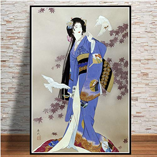 JWJQTLD Impresión En Lienzo，Póster Artístico De Pintura De Mujer Geisha Japonesa Japonesa, Impresiones Artísticas, Pintura Al Óleo, Lienzo, Cuadros De Pared para Sala