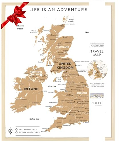 Splosh Travel Map - Desk UK Map Pin Board in White, Wooden Frame. Travel Map with 100 Pins in 2 Colours to Personalise and Mark Your Past and Future Adventures