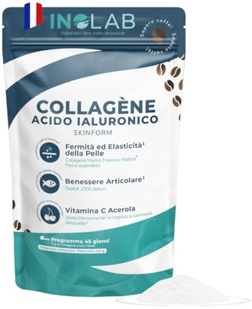 INOLAB Collagene Marin poudre & Acide Hyaluronique & Acérola Bio | Collagène marin Français Breveté 2000 Da | | Arôme Naturel Café | 45 Doses de 5,38 g/jour