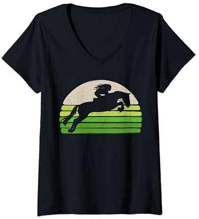 Damen Vintage Mädchen Reitbekleidung Retro Damen Pferd T-Shirt mit V-Ausschnitt