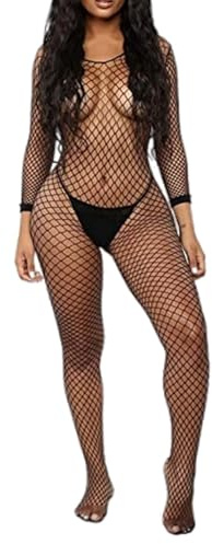 Walang Lip Women's Sexy Mesh BodyStocking Fishnet Lingerie Long Sleeve Bodysuits One Piece Jumpsuit Underwear Nightwear (Black)