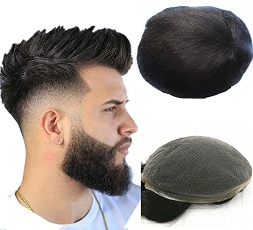 NLW Peluca Hombre, Sistema de Reemplazo de Cabello Humano 100% Natural de Densidad Media, Peluca de Encaje Francés Transpirable Base de 8 * 10 Pulgadas (1 negro intenso)