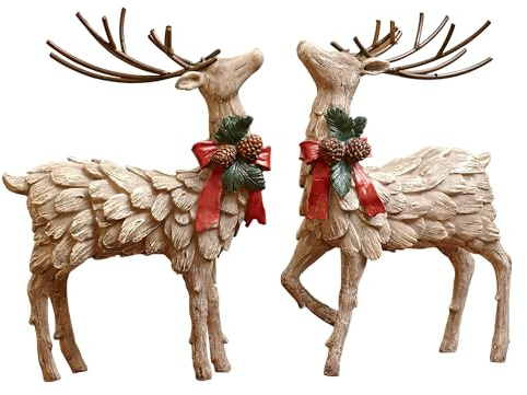 Topadorn Christmas Reindeer Figurine Statuette Tabletop Sculpture Couple Decoration, Resin Figurine Deer Gift Decor for Home & Bar & Office, Set of 2, 9''H