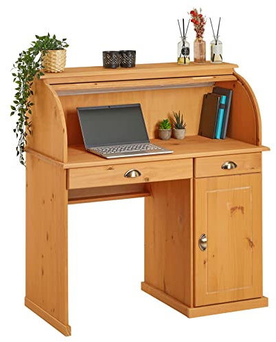 IDIMEX Sekretär Tom aus massiver Kiefer gebeizt, schöner Bürotisch mit 2 Schubladen und 1 Tür, praktischer Arbeitstisch mit Rollladen