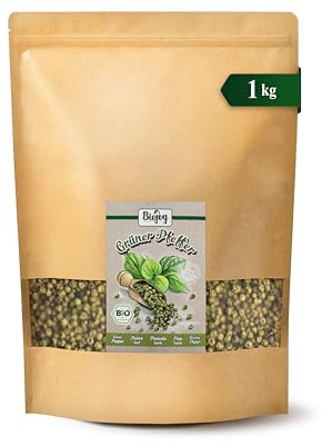 Biojoy EKO Grönpeppar hel, pepparkorn för kvarn, 1 kg | Gröna pepparbär från Sri Lanka, torkade, Piper nigrum L., Schinus terebinthifolia L.