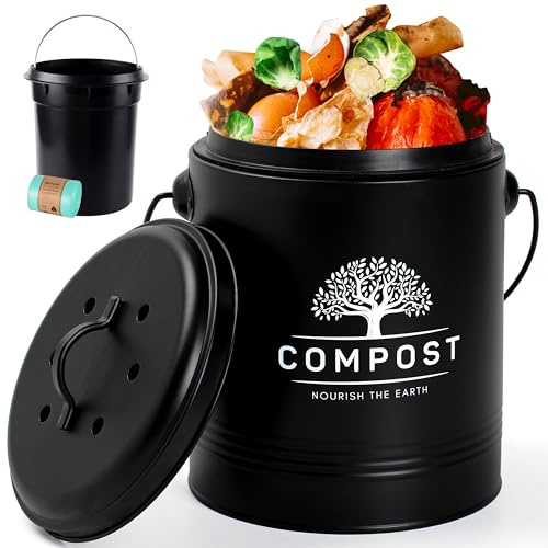 Perfnique Kitchen Compost Bin - 1.3 Gallon Countertop Compost Bucket with Lid, Includes Inner Liner and Carbon Filter (Black with Bags)